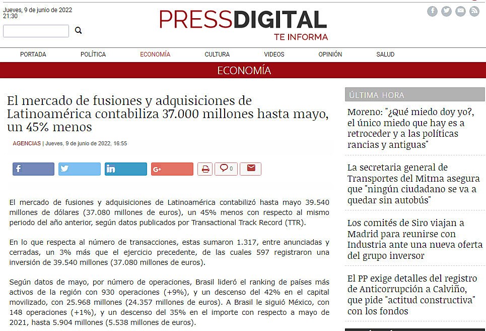 El mercado de fusiones y adquisiciones de Latinoamrica contabiliza 37.000 millones hasta mayo, un 45% menos